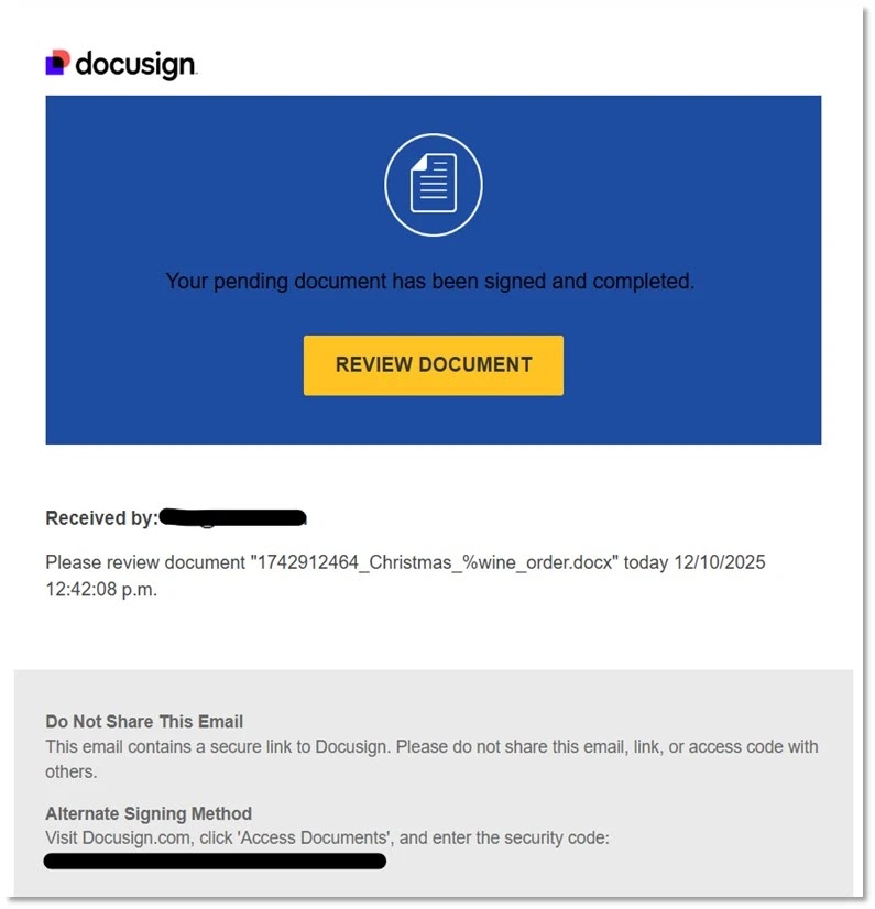 Docusign lure email (Πηγή - Forcepoint)